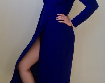 Royal blue long sleeve maxi dress with shoulder pads and a power woman neckline- S/M