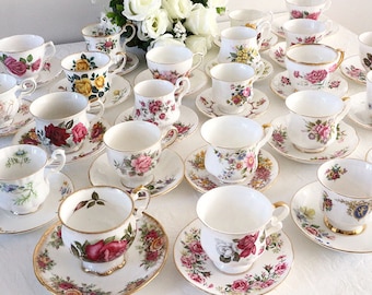 Mismatched Tea Cups and Saucers, Vintage Teacups, Mix and Match, Bridal Shower, Tea Party Set