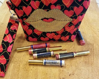 LipSense Distributor wrist-let bag, direct sales, purse, red, pink gold, hearts, holds 22 lipsticks & additional supplies, golden lips