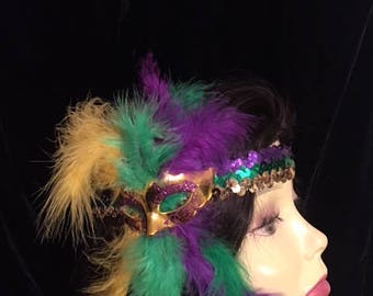 Mardi Gras headband, carnival headband, Sequined headband, feather headband, purple headband, gold headband. New Orleans headband