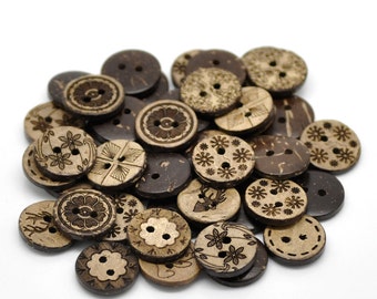 50 Bulk Mixed Coconut Shell Wooden Buttons - 15mm (5/8 inch) - 2 Hole - Assorted Coconut Wood Button (19947)