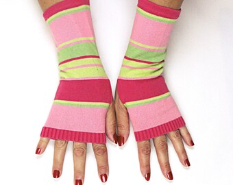 Pink Green Striped Gloves - Striped Cotton Fingerless Gloves - Pink Green Stripe Texting Gloves -