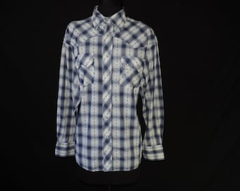 blue plaid pearl snap shirt 70s navy striped button down men's rockabilly shirt large XL