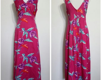 70's dress, S, M, Hawaiian dress, magenta dress, floral maxi dress, maxi dress, fuchsia dress, tropical dress, summer dress