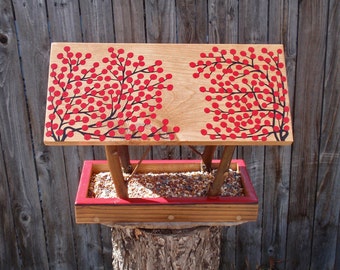 Handmade Wild Bird Feeder, Open Air Bird Feeder in Twigs & RED Winter Berries - Reclaimed Pine Wood and Natural Tree Branches Hanging Feeder