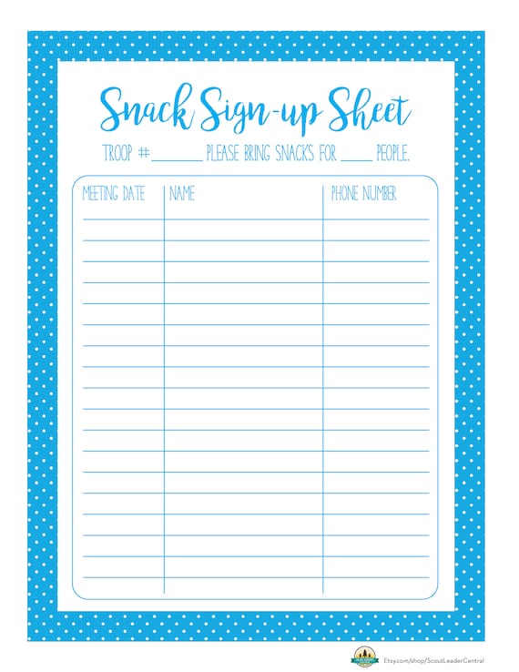 Instant Download Snack Signup Sheet in Bright Blue