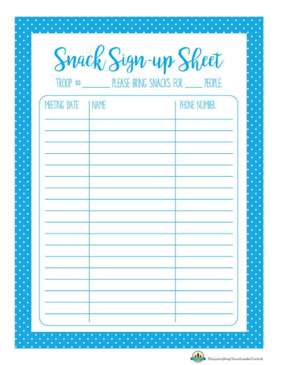 Editable Printable Snack Sign Up Sheet