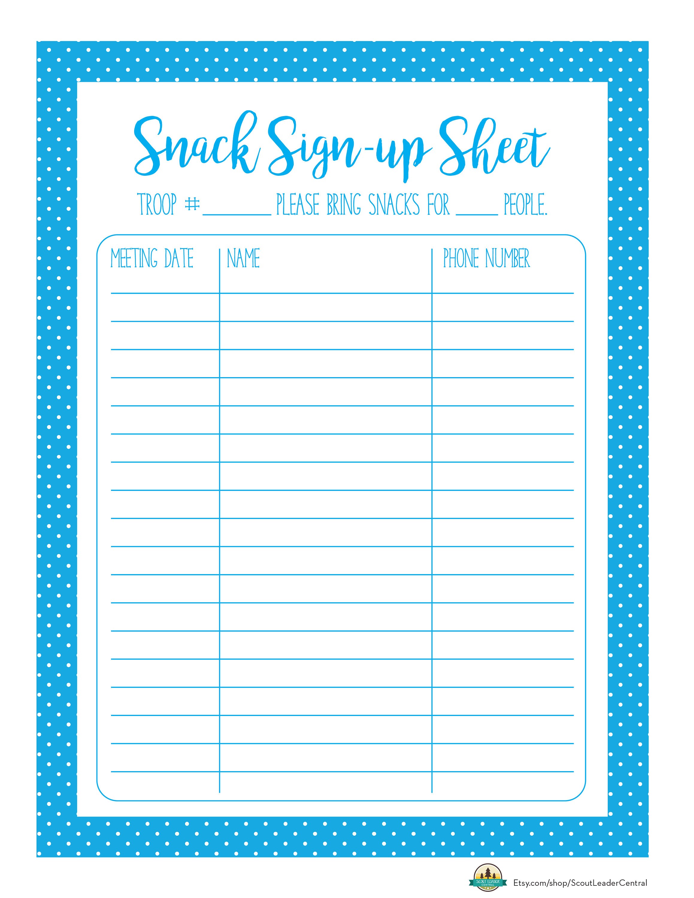 Instant Download Snack Sign up Sheet In Bright Blue