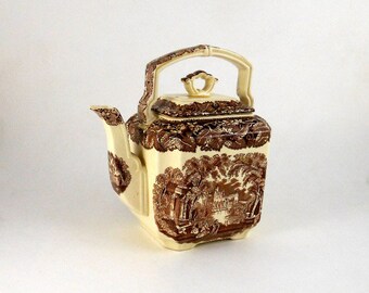 Kettle and Lid, Rare Mason’s Ironstone China Teapot, Transferware Vista Brown Pattern, Earthenware, England, Vintage