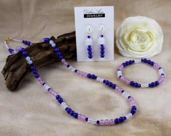 24" Lavender, Indigo and Opal Necklace, Bracelet & Earrings Jewelry Set - Melete