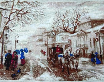 Winter Street Vintage Handmade Cross Stitch Embroidery