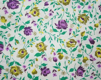50s Floral Cotton Fabric - 2.86 Yards x 35.5 Inches - Purple & Yellow Roses - Daisy Flowers - Jade Green Leaves - Sweet For Summer - 42781