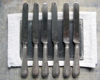 6 vintage french large table knives, monogrammed knives S. E., silver, carbon steel, hall marked silver, photo props, food photography
