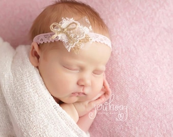 Noemi - Pink Cream Ivory Beige Tan Headband - Vintage Style - Lace Burlap Twine - Girls Newborns Baby Infant Adults