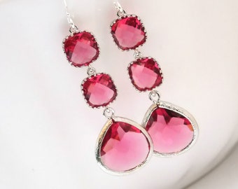 Glass Earrings, Fuschia Earrings, Fuchsia Earrings, Silver Earrings, Hot Pink, Bridesmaid Jewelry, Bridesmaid Earrings, Bridesmaid Gifts