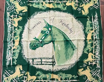 Vintage 1950s Souvenir Of Kentucky Silk Scarf Kentucky Derby Novelty Scarf