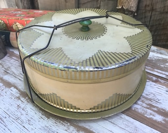 Vintage cake carrier/ 40's cake holder/ metal cake tin/ yellow and gold cake carrier/ shabby chic/ retro cake platter/ antique cake tin