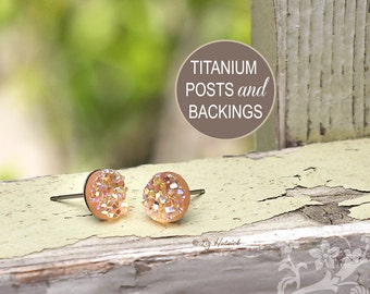 Peach Glitter Studs Faux Druzy Titanium Post Earrings, 8mm Faux Drusy