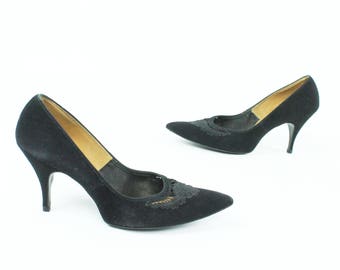 Vintage 50s Black Pumps Stilettos High Heel Shoes Nubuck Suede Leather 1950s Size 8 Pinup Rockabilly