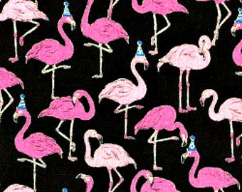 Flamingos with Party Hats Black - Cotton Linen Blend - Animals - Cosmo - Japanese Import - Available in Fat Quarters, Half Yards and Yards
