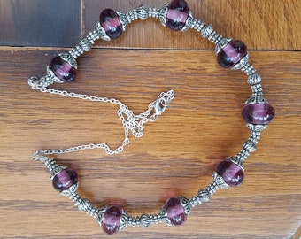 Purple and Silver Tone Lampwork Bead Necklace