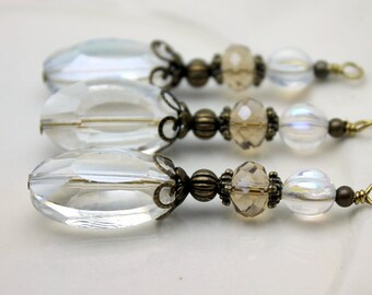 Clear Faceted Oval Crystal and Czech Crystal Beaded Long Necklace Pendant, Bead Dangle, Earring Dangle, Charm Drop Set