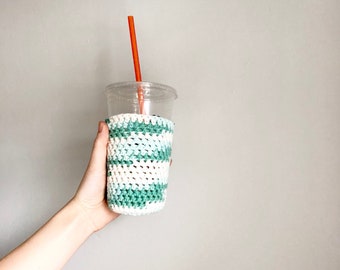 Green and white iced coffee cozy. Crochet coffee cozy. stocking stuffer. Mint ombre cup cozy. Cotton cup sleeve. Eco friendly cup jacket.