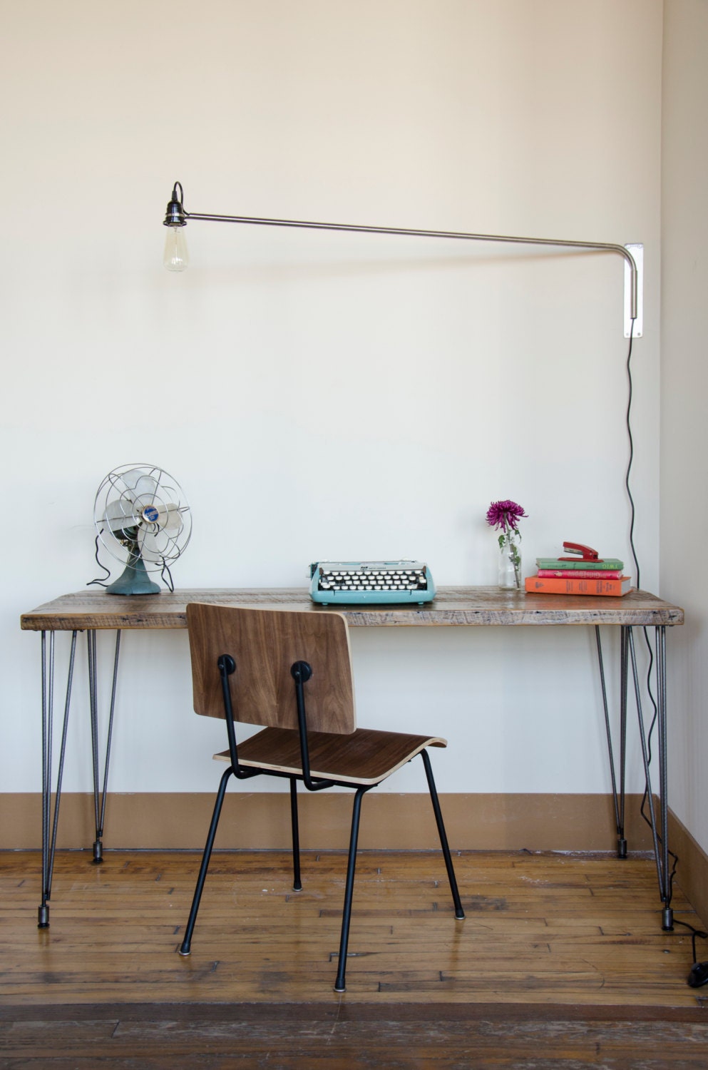 Modern wood desk with hairpin legs and reclaimed wood top in