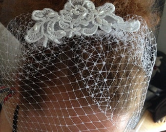 White Birdcage Veil with pearl appliqué