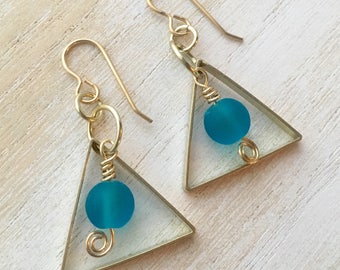 Blue Seaglass & Brass Triangle Earrings
