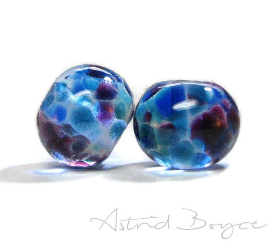Faerie Wings Artisan Lampwork Glass Bead Pair - Free USA Shipping-Beautiful Glass for Earrings Necklaces - Purple and Blue Transparent Glass