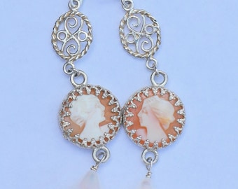 Silver earrings with natural pearl drops and hand carved shell Camee