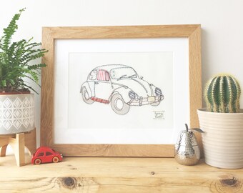 VW Beetle Bug textile framed picture