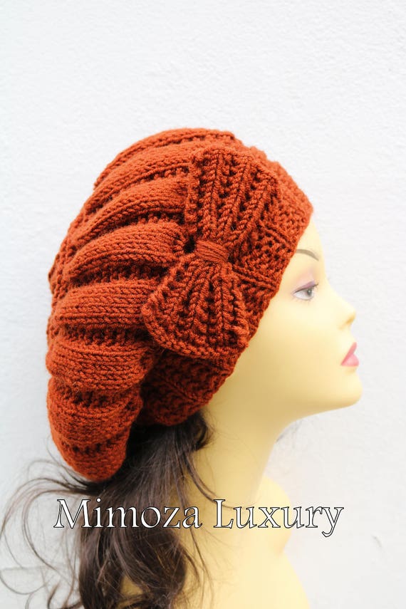 Brick Fox Orange Woman Hand Knitted Hat with Bow, Brick Beret hat with bow, Fox knit hat, slouchy knit women's hat with bow, winter hat
