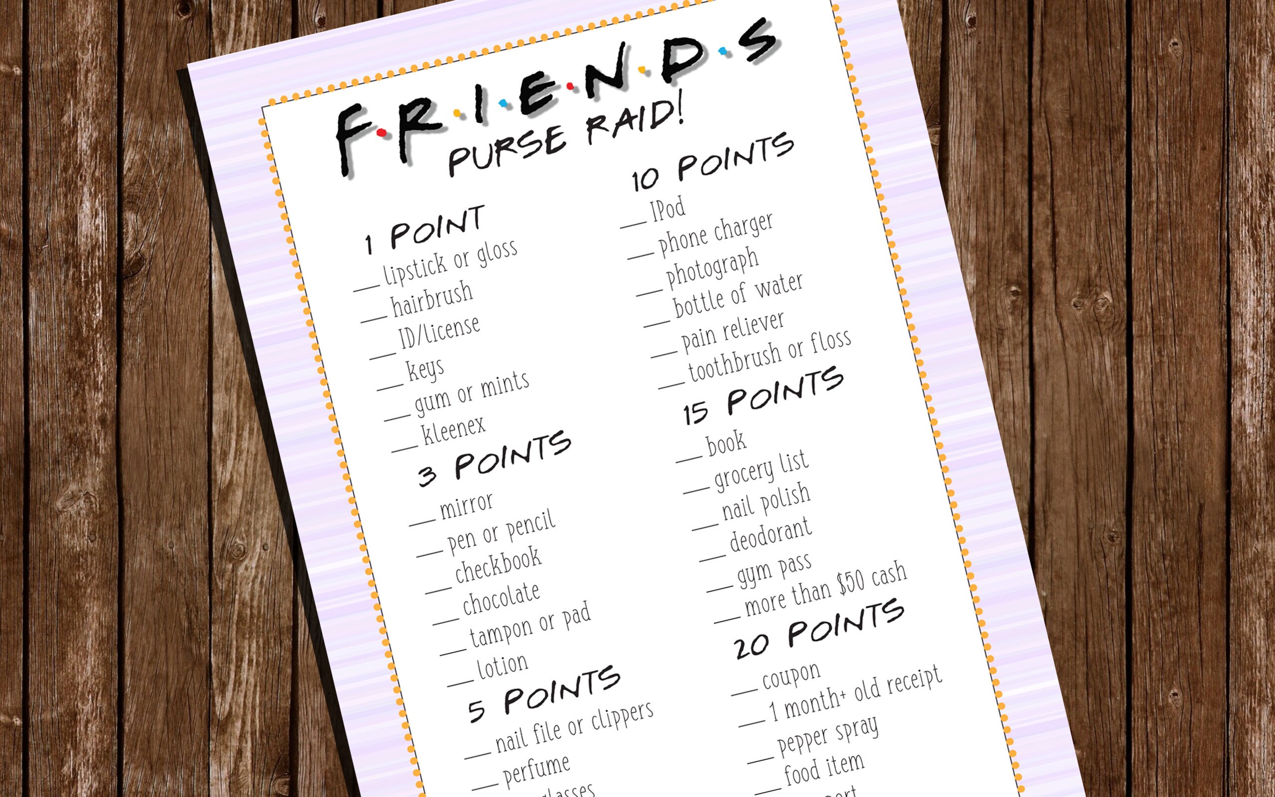 Printable FRIENDS Purse Raid/ Bridal Shower Game/ 5x7 Cards
