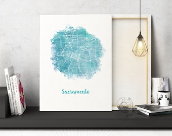 Sacramento CA Watercolor Map Sacramento California map Sacramento California wall art Sacramento California city map Sacramento CA art print