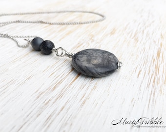 Wire Wrap Pendant Necklace, Jasper Hematite Lava Stone Necklace, Gemstone Necklace, Boho Jewelry, Wire Wrap Necklace, Long Boho Necklace