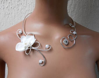 Necklace for bride or witness - white and silver with Orchid