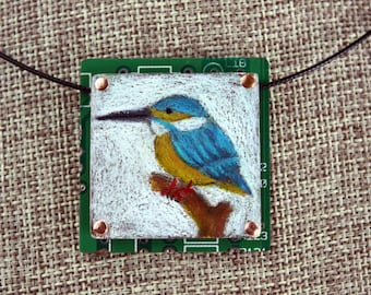 Kingfisher Bird Pendant - Colored Pencil Drawing on Copper + Up-Cycled Circuit Board