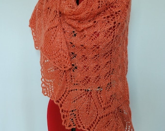 Knitted shawl, Knitted baktus, Coral lace shawl, Coral knitted wrap