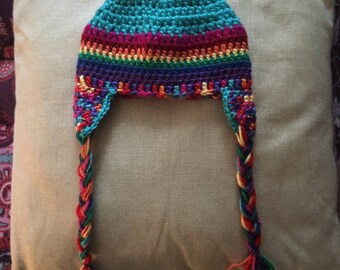 Newborn-Toddler Rainbow beanie, turquoise, red, pink, purple, hat, crochet, handmade, earflap braids. Warm tainbow crochet beanie 4 babies