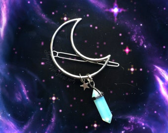 SILVER Moon hair clip, Crystal crescent hair barrette with gemstone dangle, the ORIGINAL Crystal moon hair clip