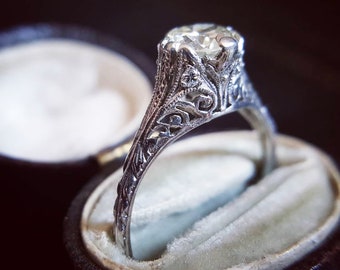 Antique Edwardian Diamond Engagement Ring | Antique Engagement Ring: Old European Cut Diamond Solitaire Engagement Ring in Platinum