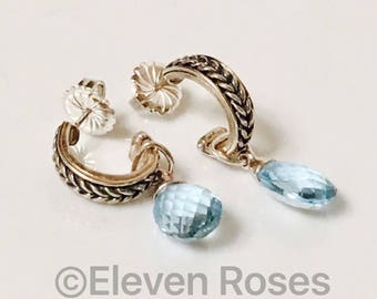 Designer 925 Sterling Silver & 750 18k Blue Topaz Briolette Drop Hoop Earrings Free US Shipping