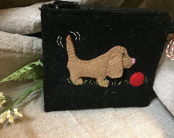 Cute wool dog coin purse or credit card wallet.