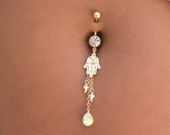 Gold handmade belly button ring, Hamsa pendant & Swarovski crystal belly button piercing, Hamsa jewelry, belly piercing, navel ring piercing