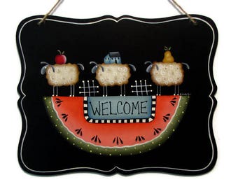 Prim Sheep on Watermelon Welcome Sign, Handpainted Wood Primitive Home Decor, Hand Painted Wall Art, Tole Decorative Painting, B3