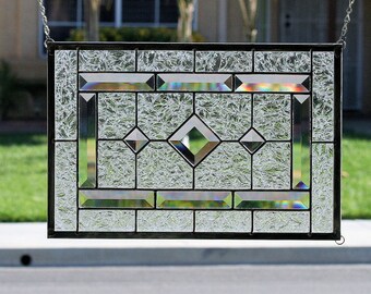 Stained Glass Window Panel~"DIAMONDS"~Clear Stain Glass Window, Clear Stain Glass Panel, Clear Bevels, Beveled, Diamonds