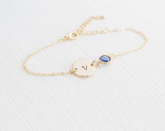 Gold Birthstone & Initial Bracelet, Gold plated Bracelet, Personalised Disc Bracelet, Initial Bracelet, Birthstone bracelet