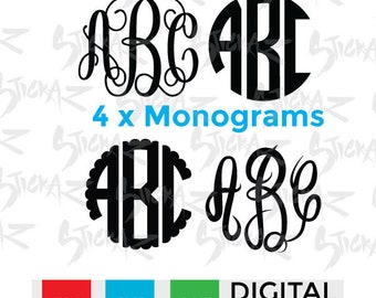 4 Monogram Bundle, New Vine, New Circle, Master Circle & Scalloped, Cutting file download SVG, EPS, DXF, Silhouette Cameo or Cricut